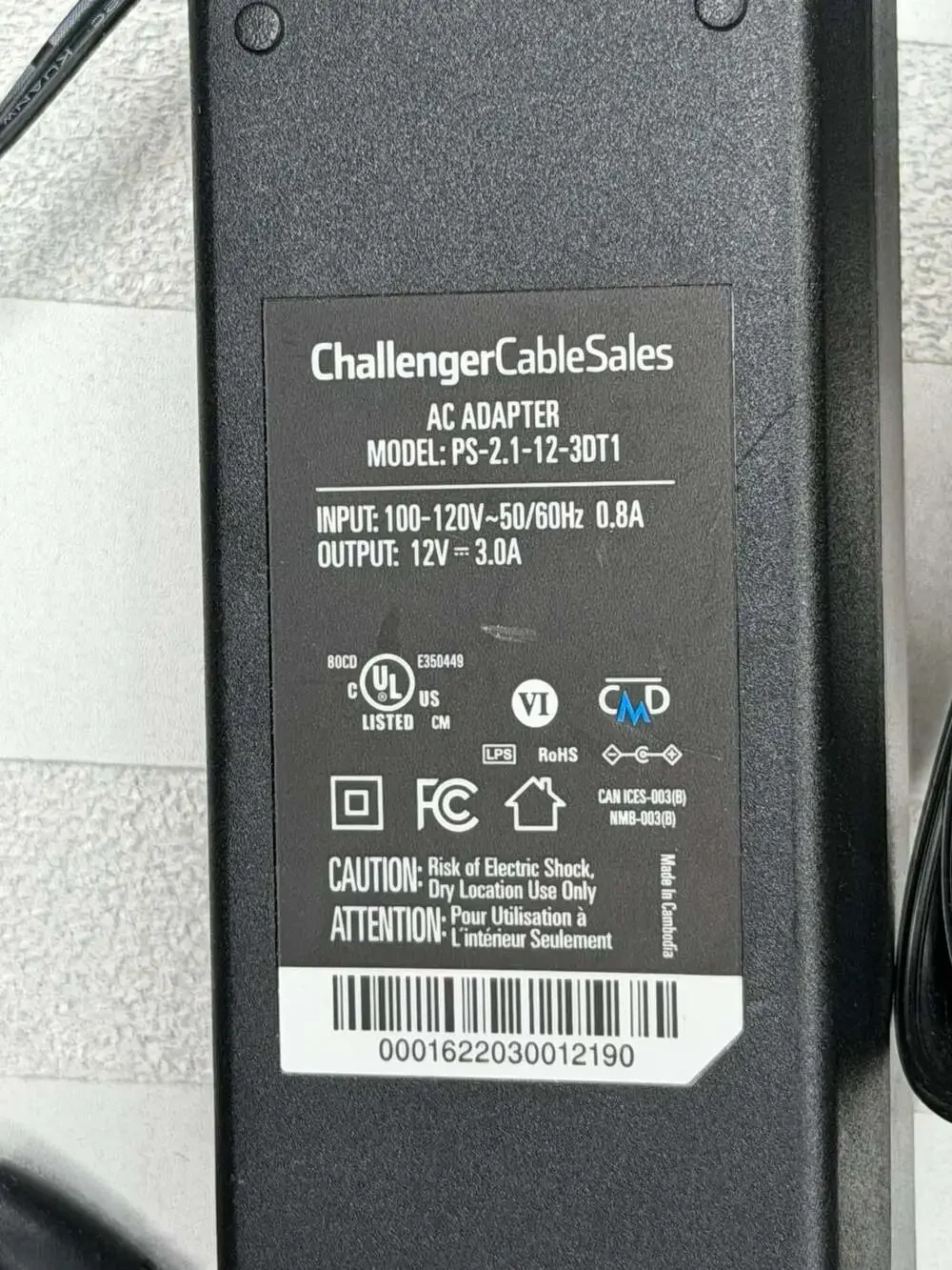 ChallengerCableSales AC Adapter Model PS-2.1-12-3DT1 12V 3.0A Power Supply